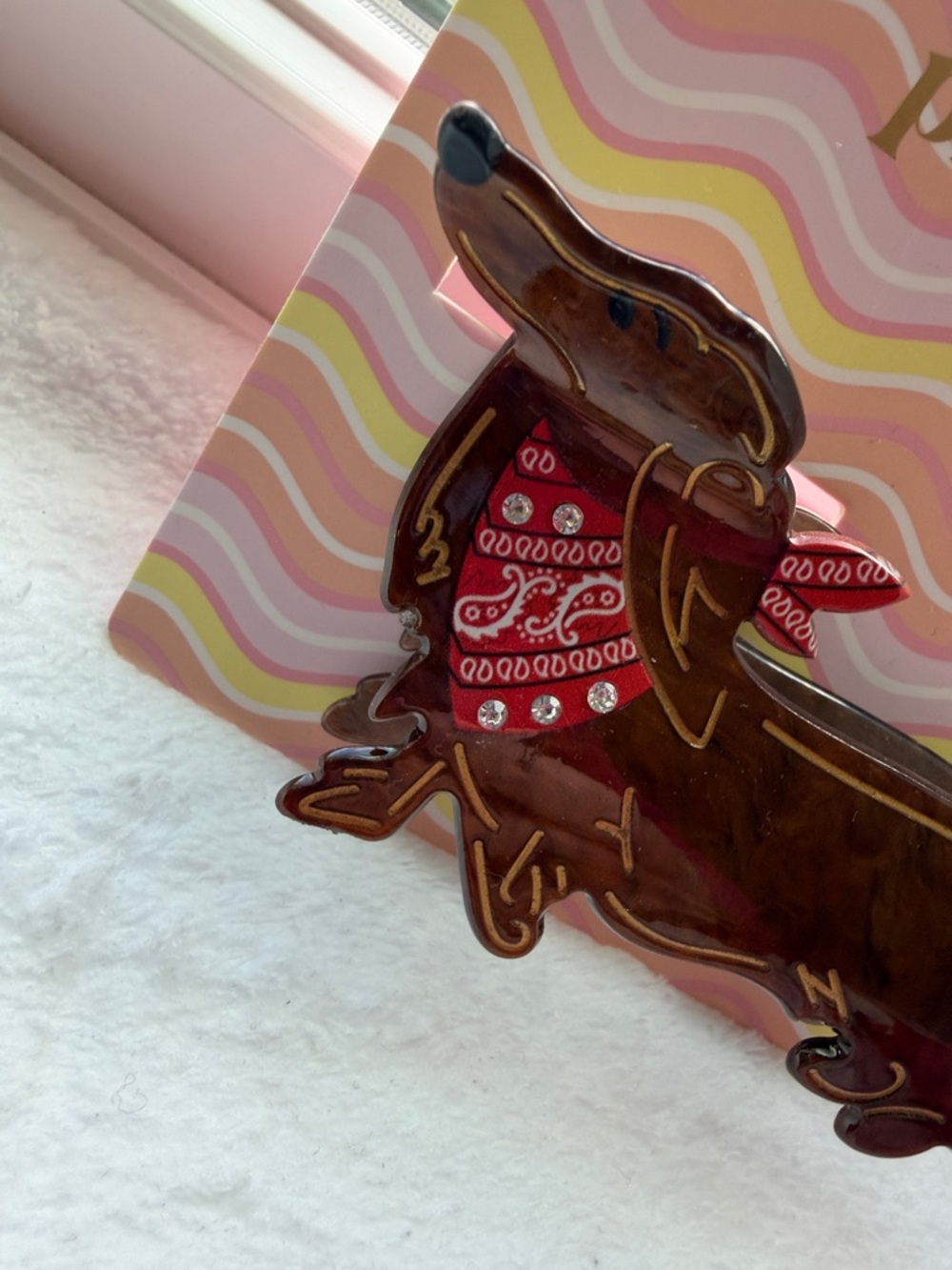 Piper Brown Dachshund Enamel Hair Clip with Red Bandana - Picture 7 of 7
